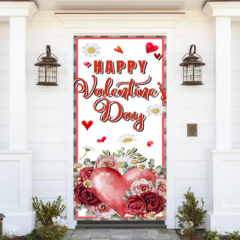 Lofaris Roses Daisy Plaid Border Valentines Day Door Cover