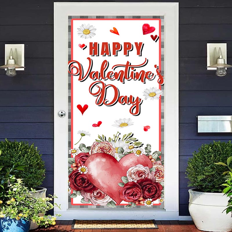 Lofaris Roses Daisy Plaid Border Valentines Day Door Cover