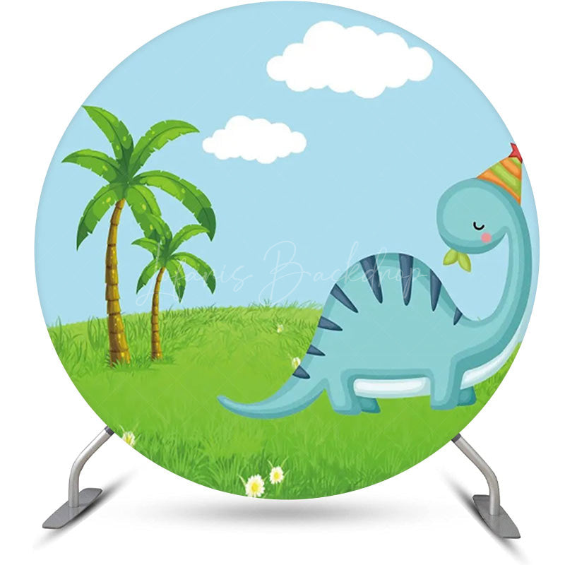 Lofaris Round Blue Dinosaur Green Lawn Palm Trees Backdrop