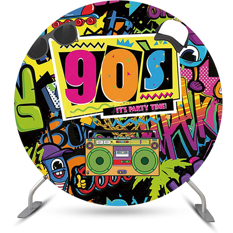 Lofaris Round Colorful Graffiti 90s Disco Party Backdrop