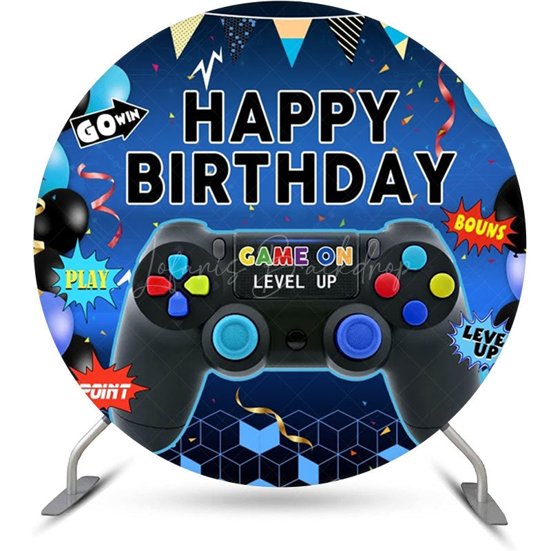 Lofaris Round Gamepad Balloons Ribbons Blue Birthday Backdrop