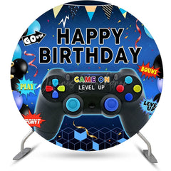 Lofaris Round Gamepad Balloons Ribbons Blue Birthday Backdrop