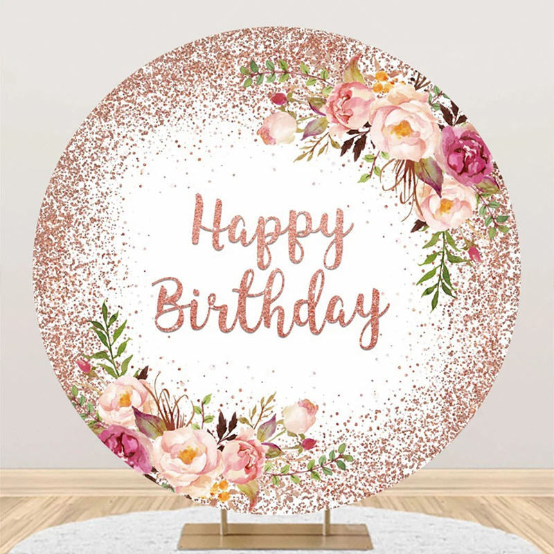 Lofaris Round Glitter Floral Rose Gold Birthday Backdrop