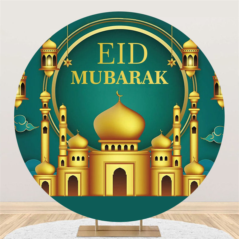 Lofaris Round Gold Palace Lantern Green Eid Mubarak Backdrop