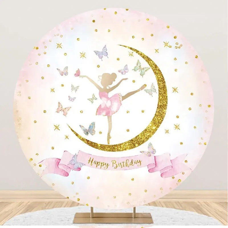 Lofaris Round Moon Butterfly Ballet Girl Birthday Backdrop