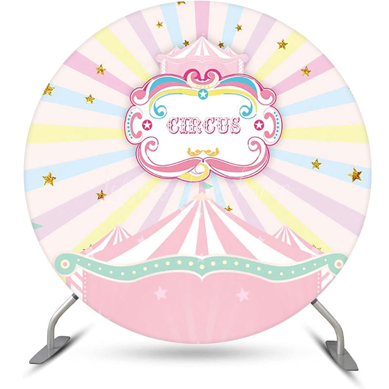 Lofaris Round Pink Circus Stars Rainbow Birthday Backdrop