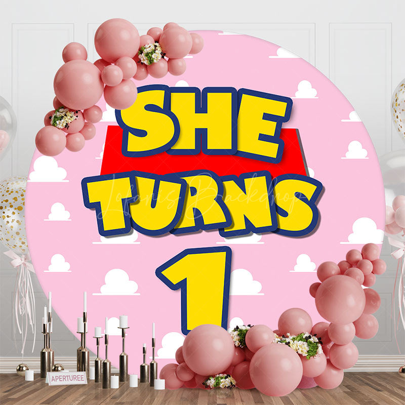 Lofaris Round She Turns 1 Pink Cloud Happy Birthday Backdrop