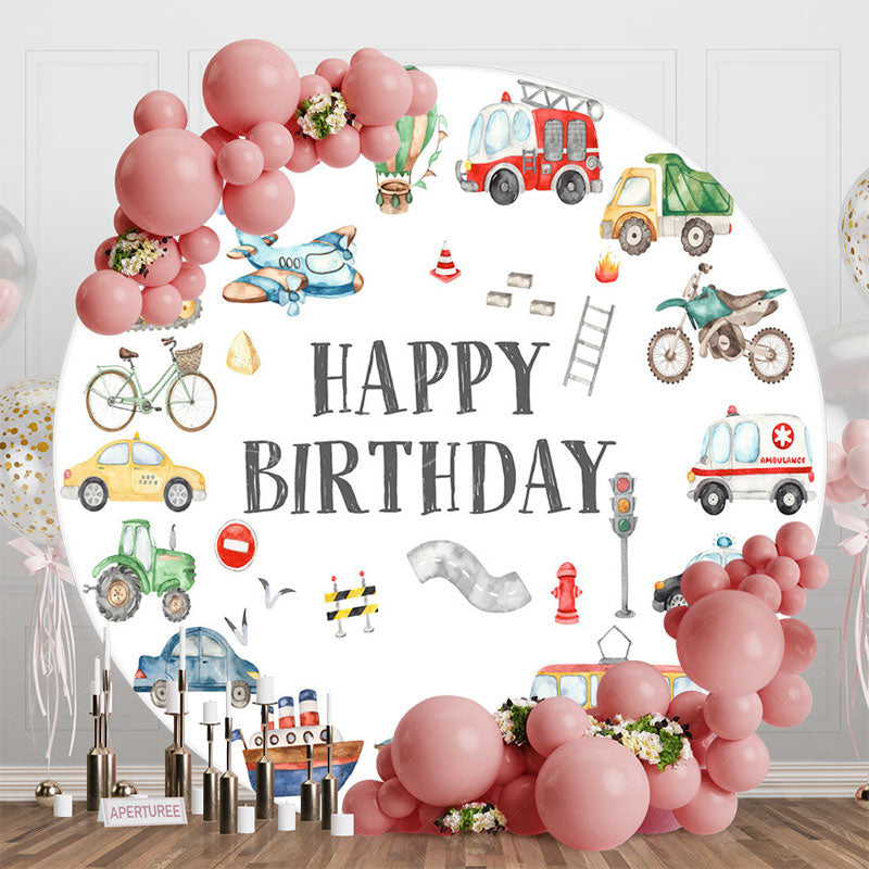Lofaris Round Various Transportation White Birthday Backdrop
