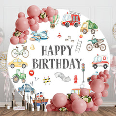 Lofaris Round Various Transportation White Birthday Backdrop