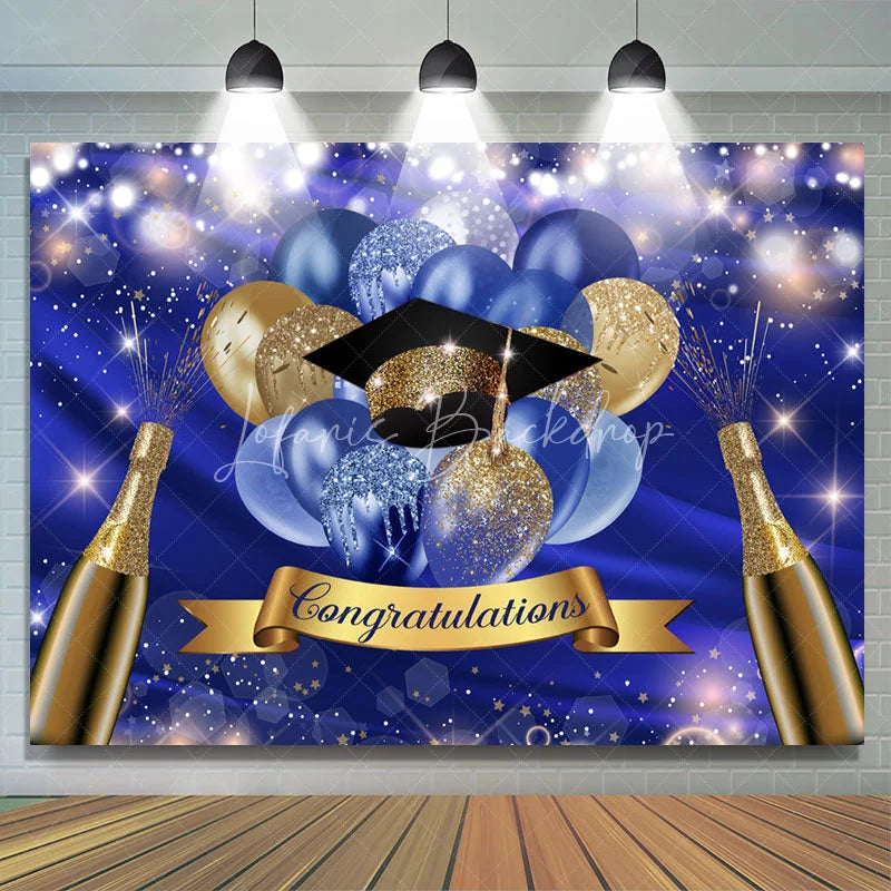 Lofaris Royal Blue Ballons Bokeh Glitter Congratulations Backdrop