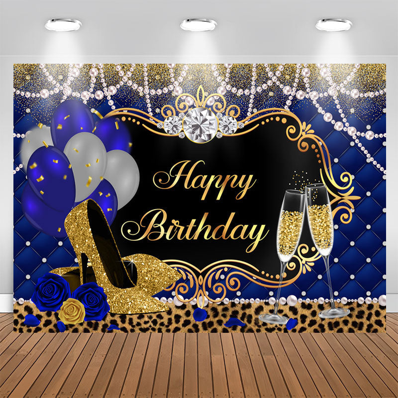 Lofaris Royal Blue Gold and Leopard Happy Birthday Backdrop