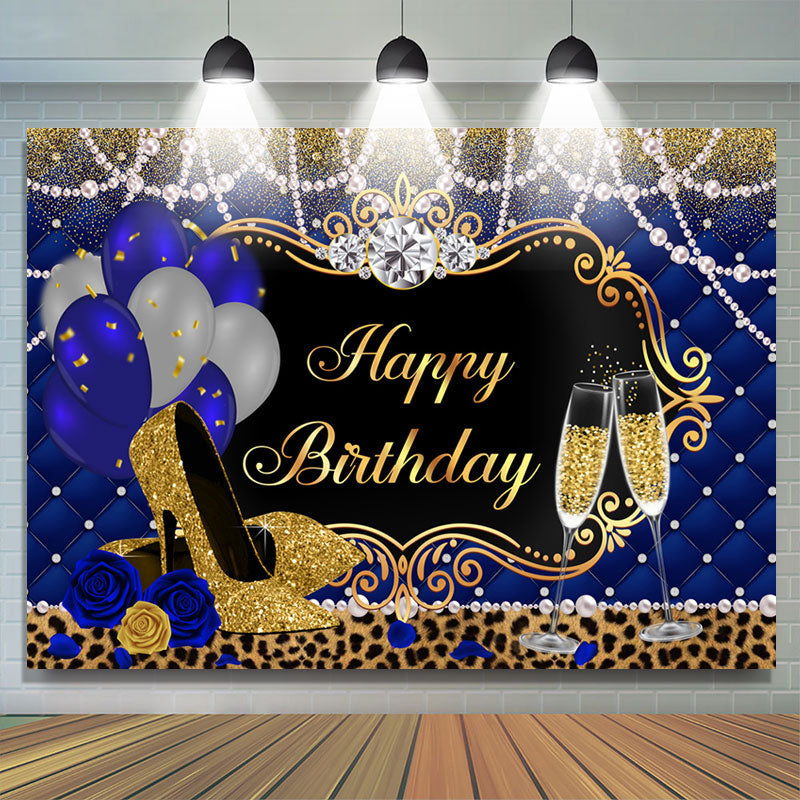 Lofaris Royal Blue Gold and Leopard Happy Birthday Backdrop