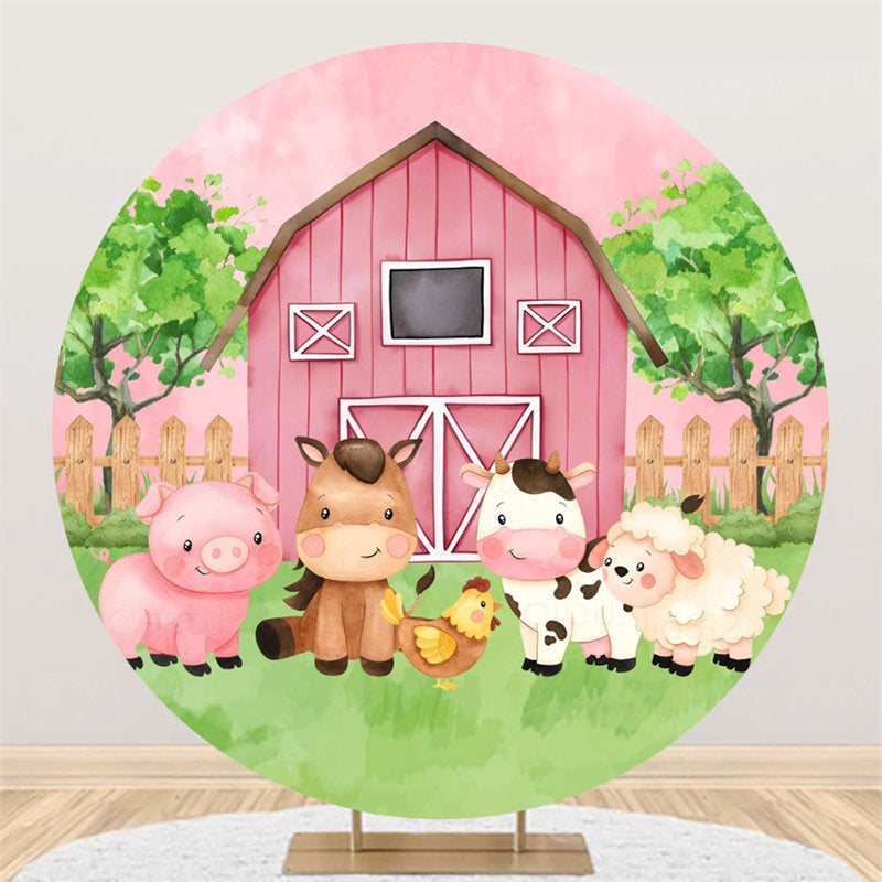 Lofaris Rustic Pink Farm Animals Circle Baby Shower Backdrop