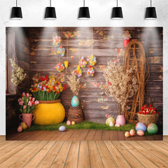 Lofaris Rustic Wooden Wall Floral Eggs Birthday Backdrop
