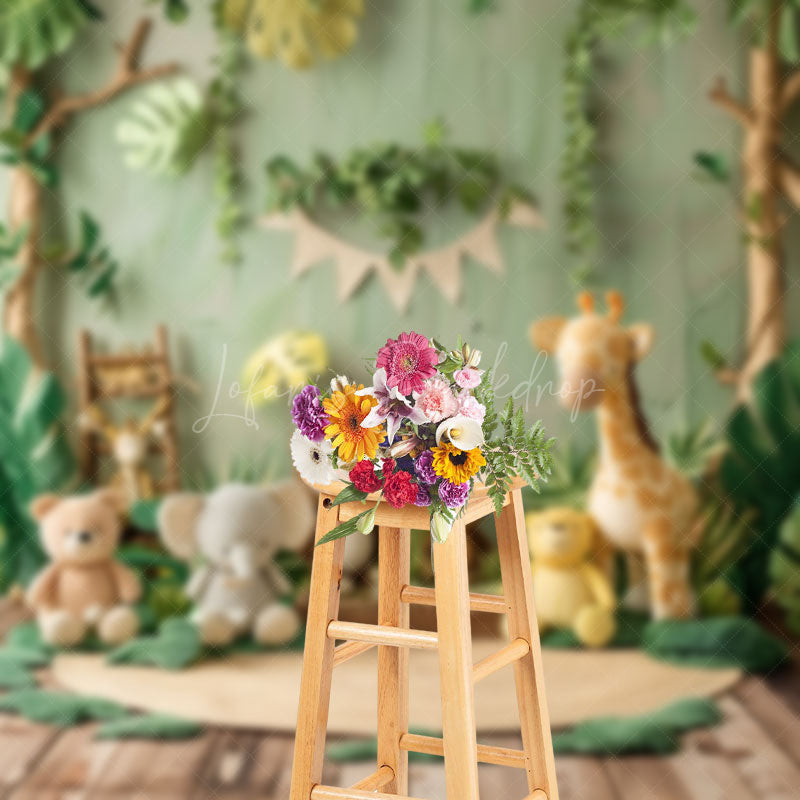 Lofaris Safari Animal Doll Jungle Plant Wood Photo Backdrop