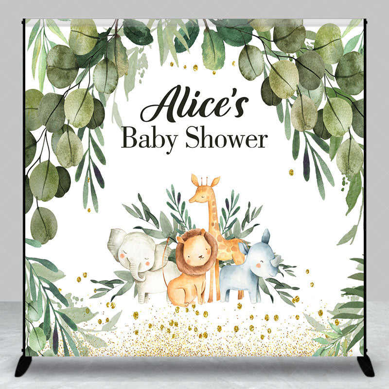 Lofaris Safari Animals Leaf Custom Name Baby Shower Backdrop