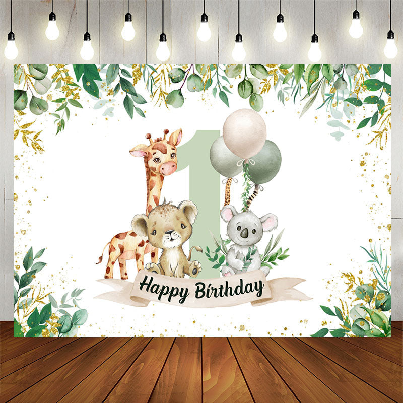 Lofaris Safari Botanical Animals Happy 1st Birthday Backdrop
