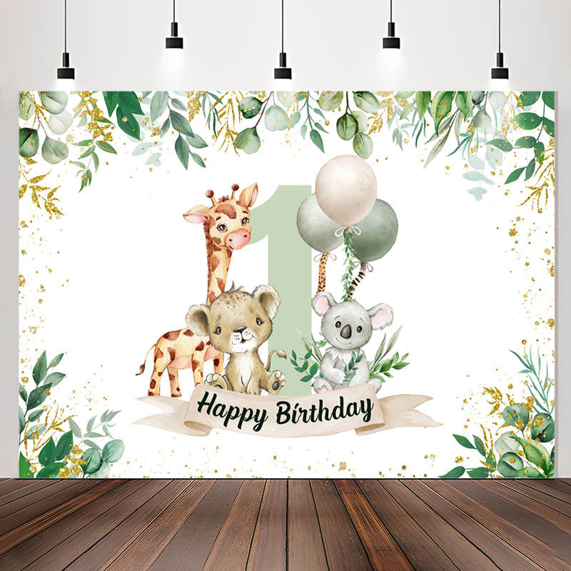 Lofaris Safari Botanical Animals Happy 1st Birthday Backdrop