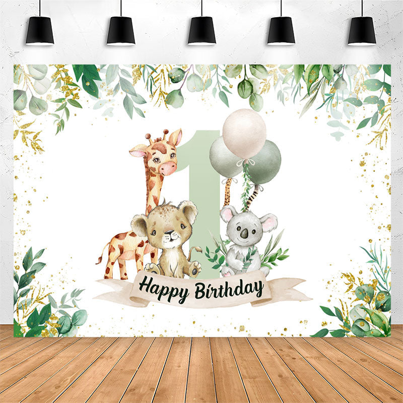 Lofaris Safari Botanical Animals Happy 1st Birthday Backdrop