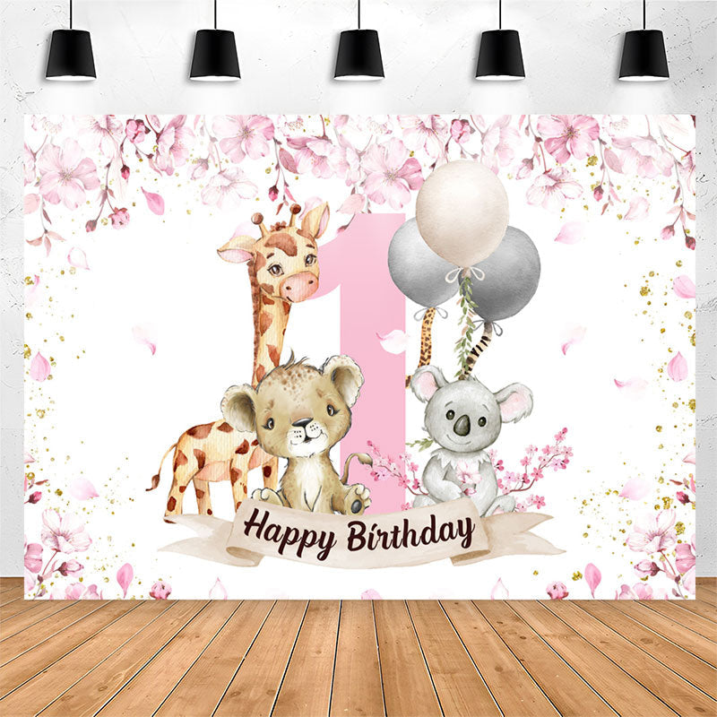 Lofaris Safari Pink Animals Happy 1st Birthday Backdrop