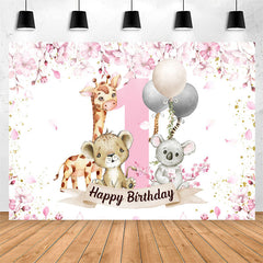 Lofaris Safari Pink Animals Happy 1st Birthday Backdrop