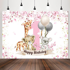 Lofaris Safari Pink Animals Happy 1st Birthday Backdrop