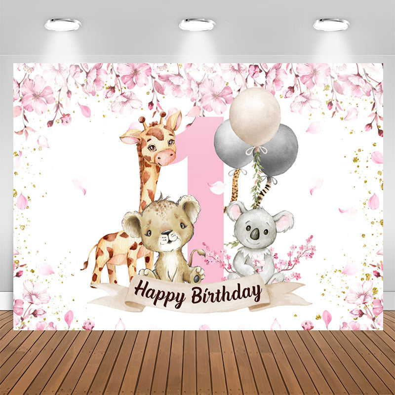 Lofaris Safari Pink Animals Happy 1st Birthday Backdrop