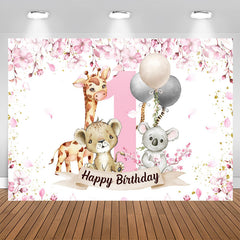 Lofaris Safari Pink Animals Happy 1st Birthday Backdrop