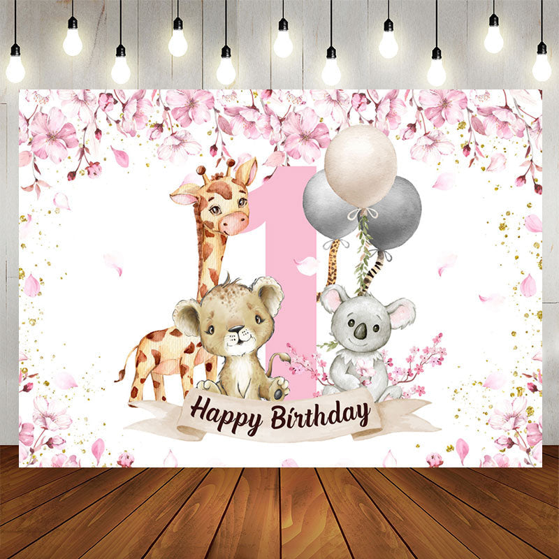 Lofaris Safari Pink Animals Happy 1st Birthday Backdrop