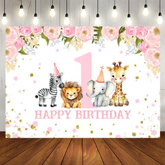 Lofaris Safari Pink Floral Animals 1st Birthday Backdrop