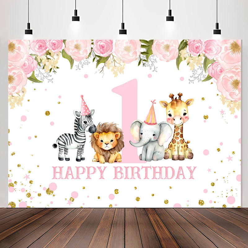 Lofaris Safari Pink Floral Animals 1st Birthday Backdrop