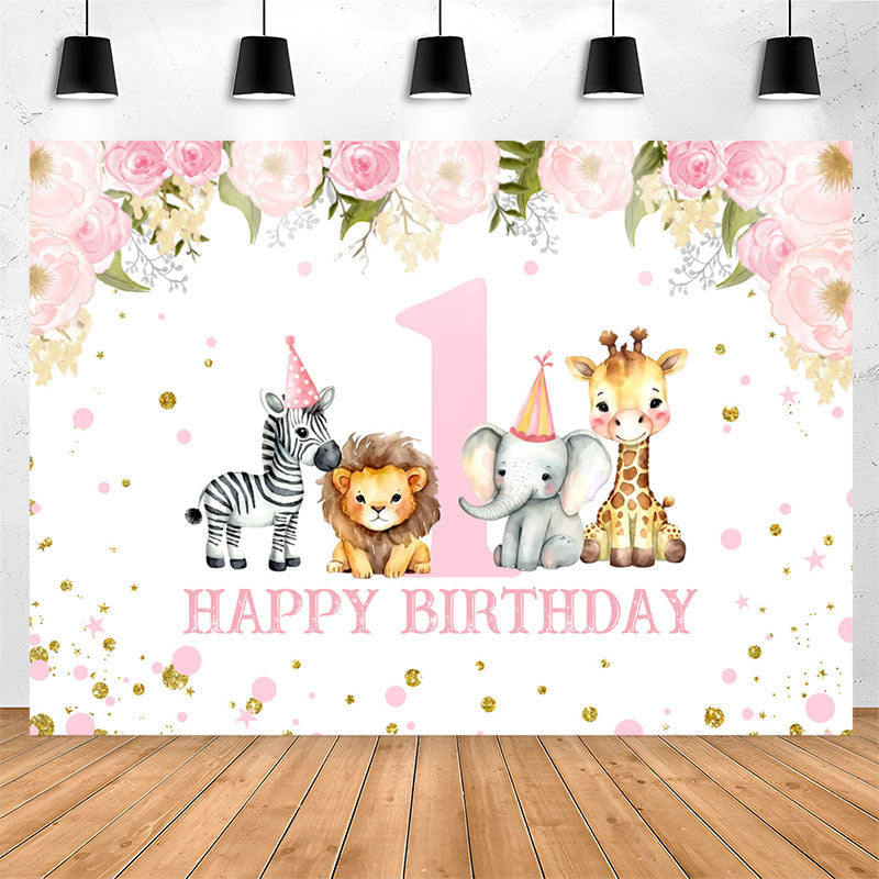 Lofaris Safari Pink Floral Animals 1st Birthday Backdrop