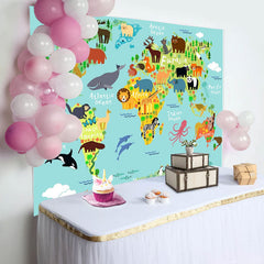 Lofaris Safari Wild Animals World Map Baby Shower Backdrop