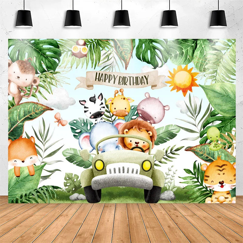Lofaris Safari Wild Green Leaves Car Happy Birthday Backdrop