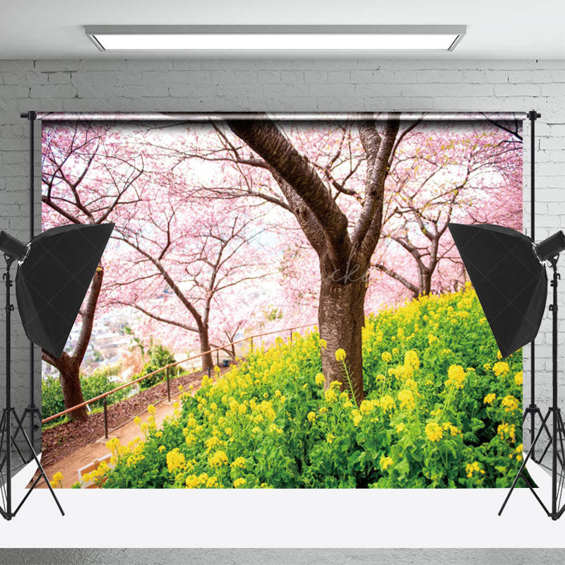 Lofaris Sakura Trees Rapeseed Flower Spring Photo Backdrop