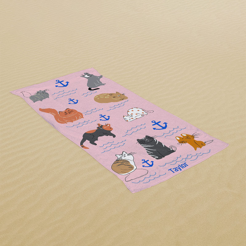 Lofaris Salty Cat Pink Custom Name Kids Beach Towel