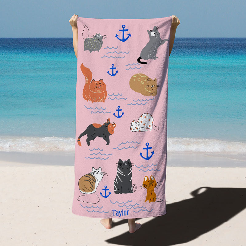 Lofaris Salty Cat Pink Custom Name Kids Beach Towel