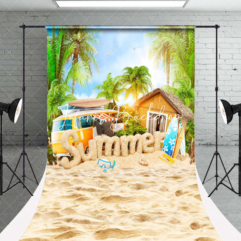 Lofaris Sand Car Surfboard Palm Trees Summer Sweep Backdrop