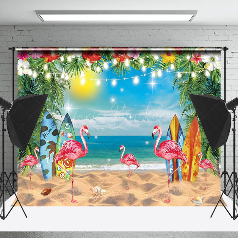 Lofaris Sandy Beach Flamingo Floral Trees Summer Backdrop