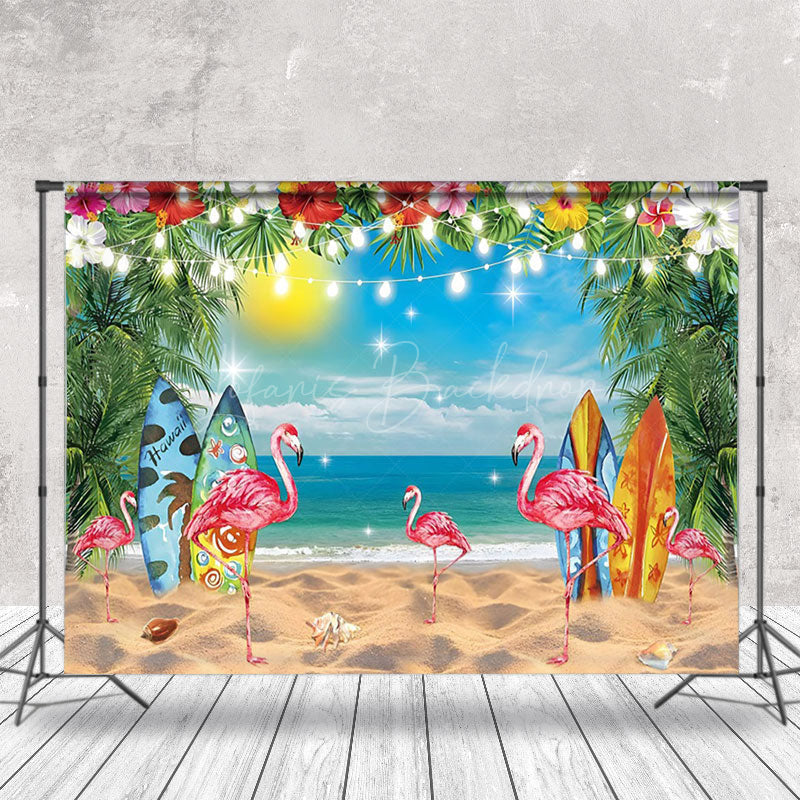 Lofaris Sandy Beach Flamingo Floral Trees Summer Backdrop