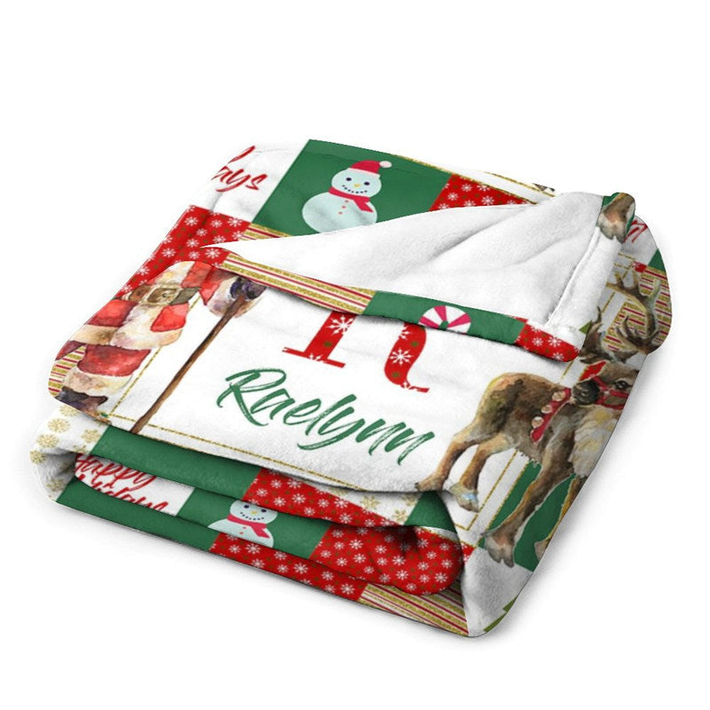 Lofaris Santa Elk Red White Green Christmas Custom Name Blanket