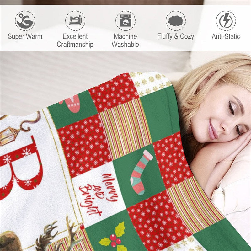 Lofaris Santa Elk Red White Green Christmas Custom Name Blanket