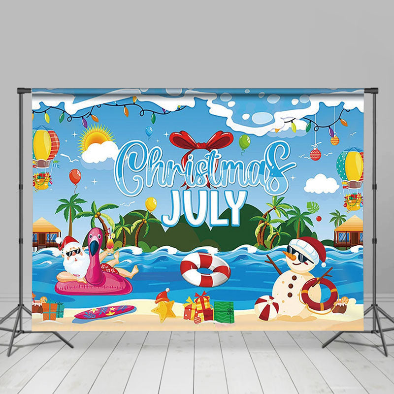Santa Snowman Pool Party Christmas In July Backdrop - Lofaris