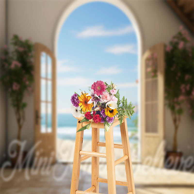 Lofaris Seaside Sunshine Blue Sky Flower Wood Door Backdrop