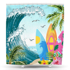 Lofaris Seaside Surfing Coconut Palm Summer Shower Curtain