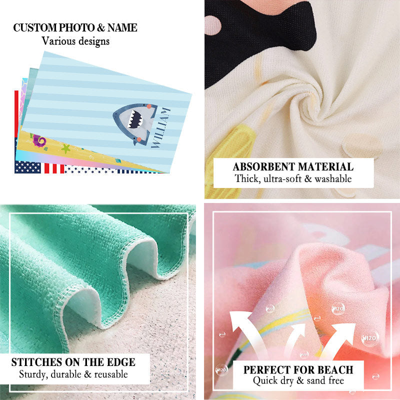 Lofaris Shark Blue Custom Name Kids Beach Towel for Summer