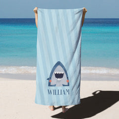 Lofaris Shark Blue Custom Name Kids Beach Towel for Summer