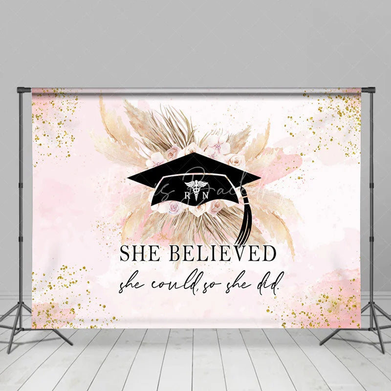 Lofaris She Believed Pink Floral Boho Graduation Backdrop