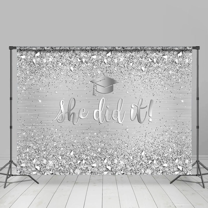 Lofaris She Did Glitter Silver Diamonds Graduation Backdrop