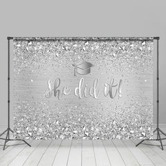 Lofaris She Did Glitter Silver Diamonds Graduation Backdrop